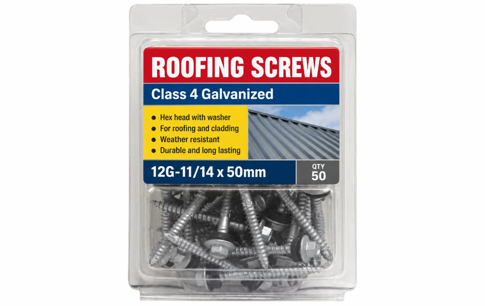 A blister-pack retail format for roofing screws and other hardware items.