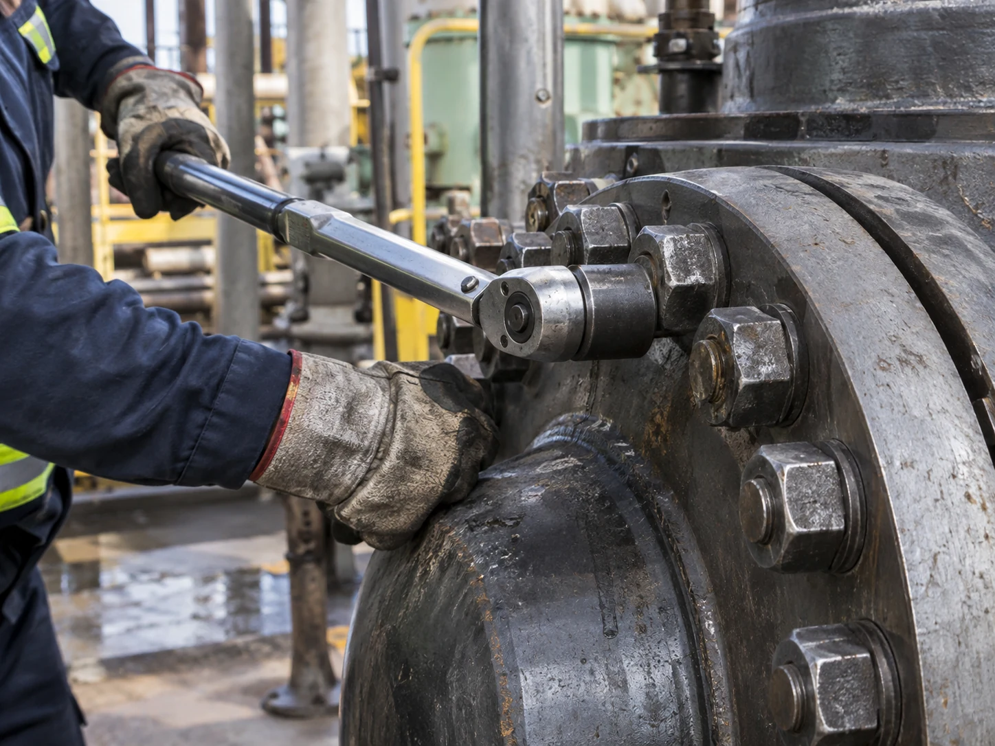Large bolts and nuts being used on heavy industrial equipment.