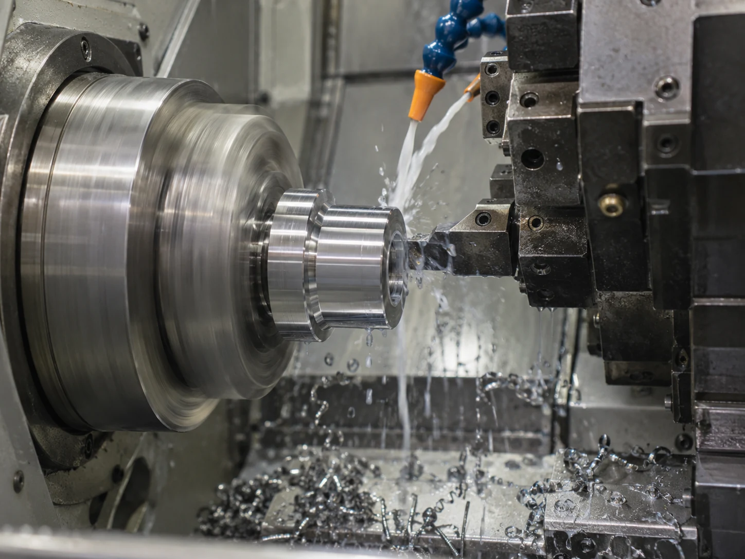 A CNC lathe machining a metal component with coolant flowing over the cutting area.