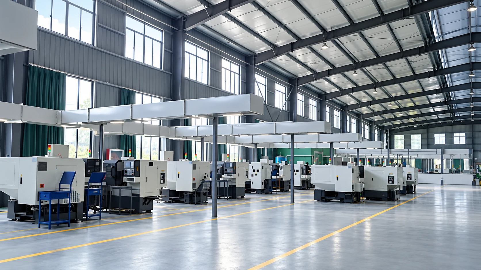 Rows of CNC machining equipment arranged inside a production workshop.