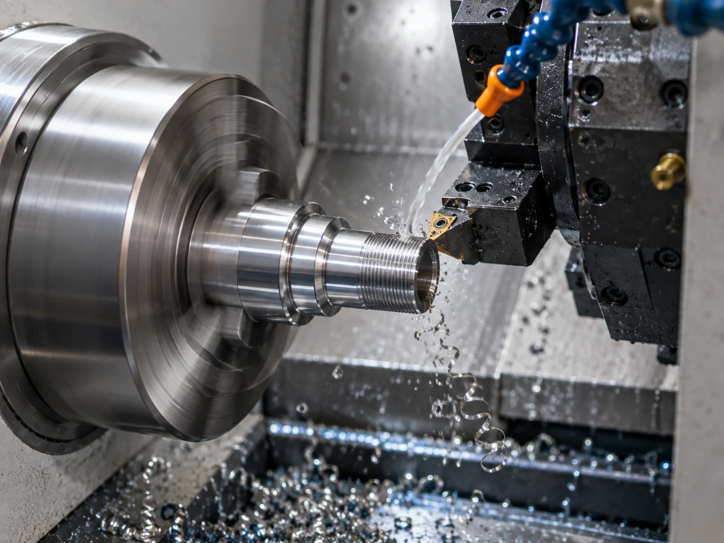 A CNC lathe cutting an external thread on a rotating metal workpiece.