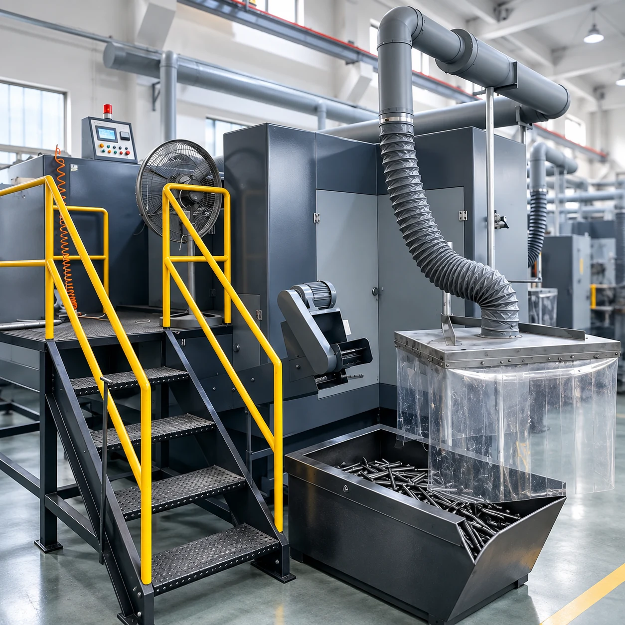 A cold forming production machine with formed metal parts collected beside the equipment.