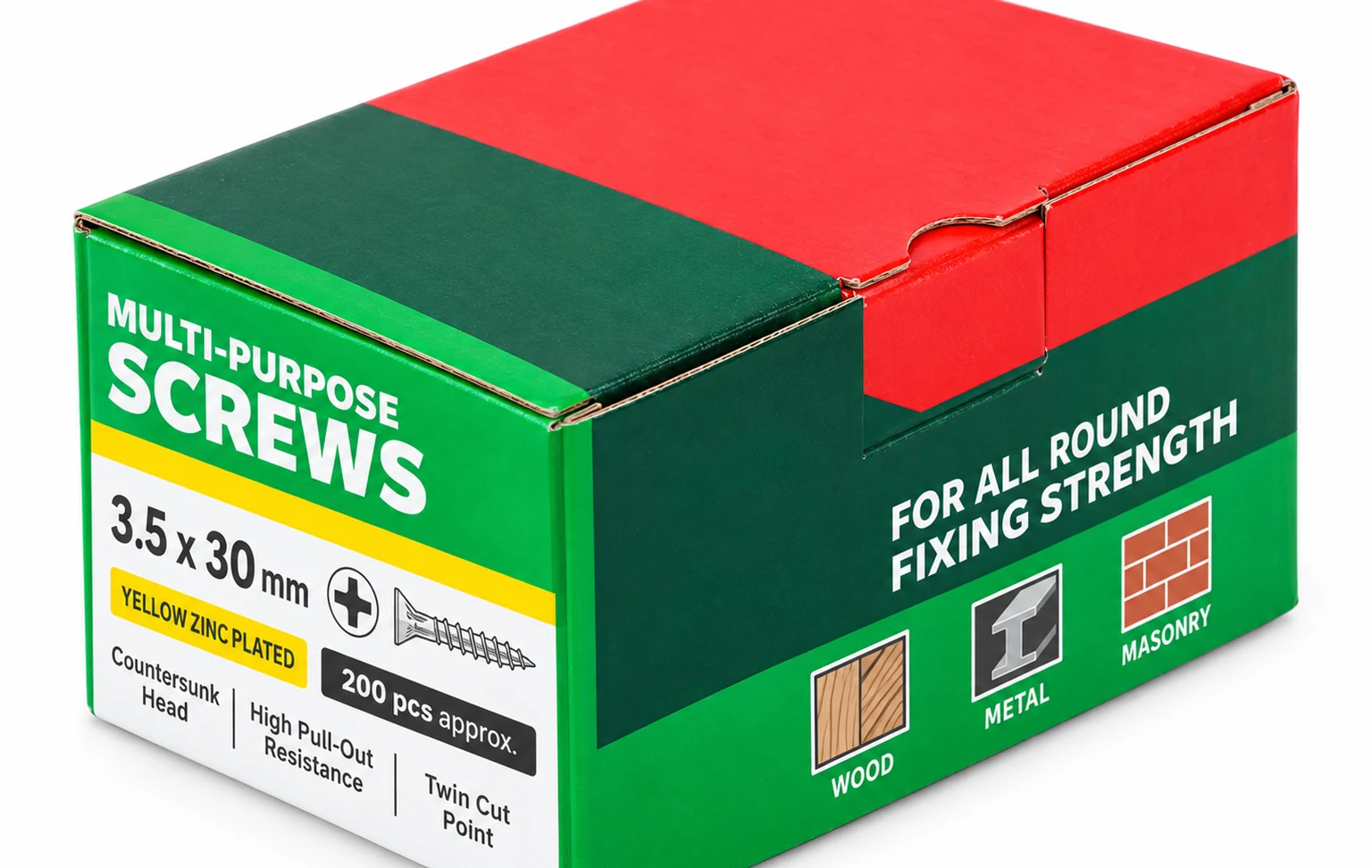 A colour-printed carton used for small retail packs of screws.