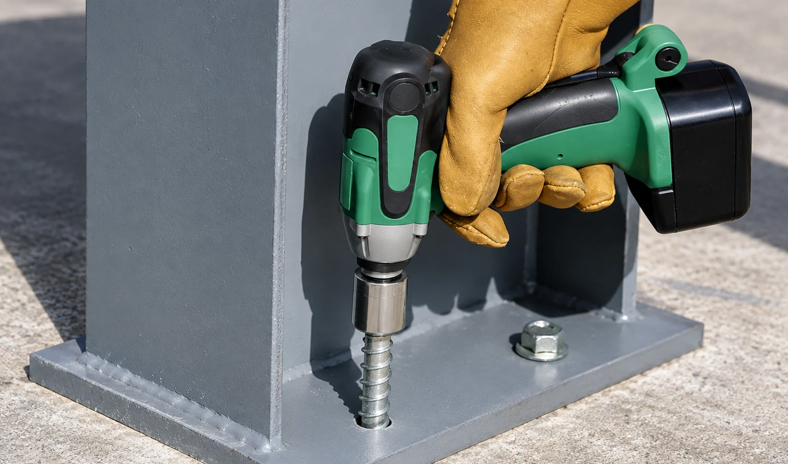 A concrete screw anchor being driven through a steel base plate into a concrete slab.