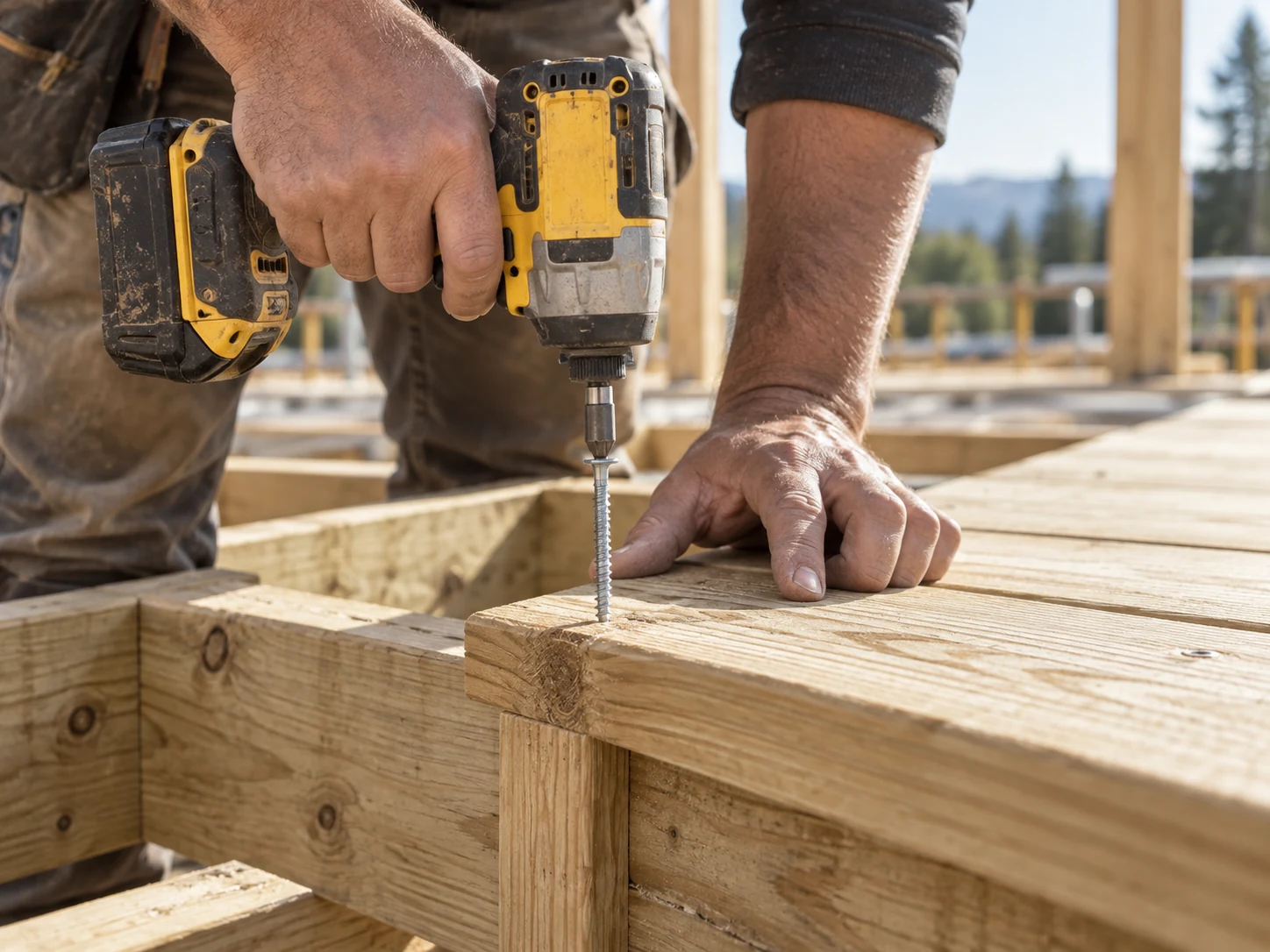 A construction screw being driven into timber with a cordless drill at a building site.
