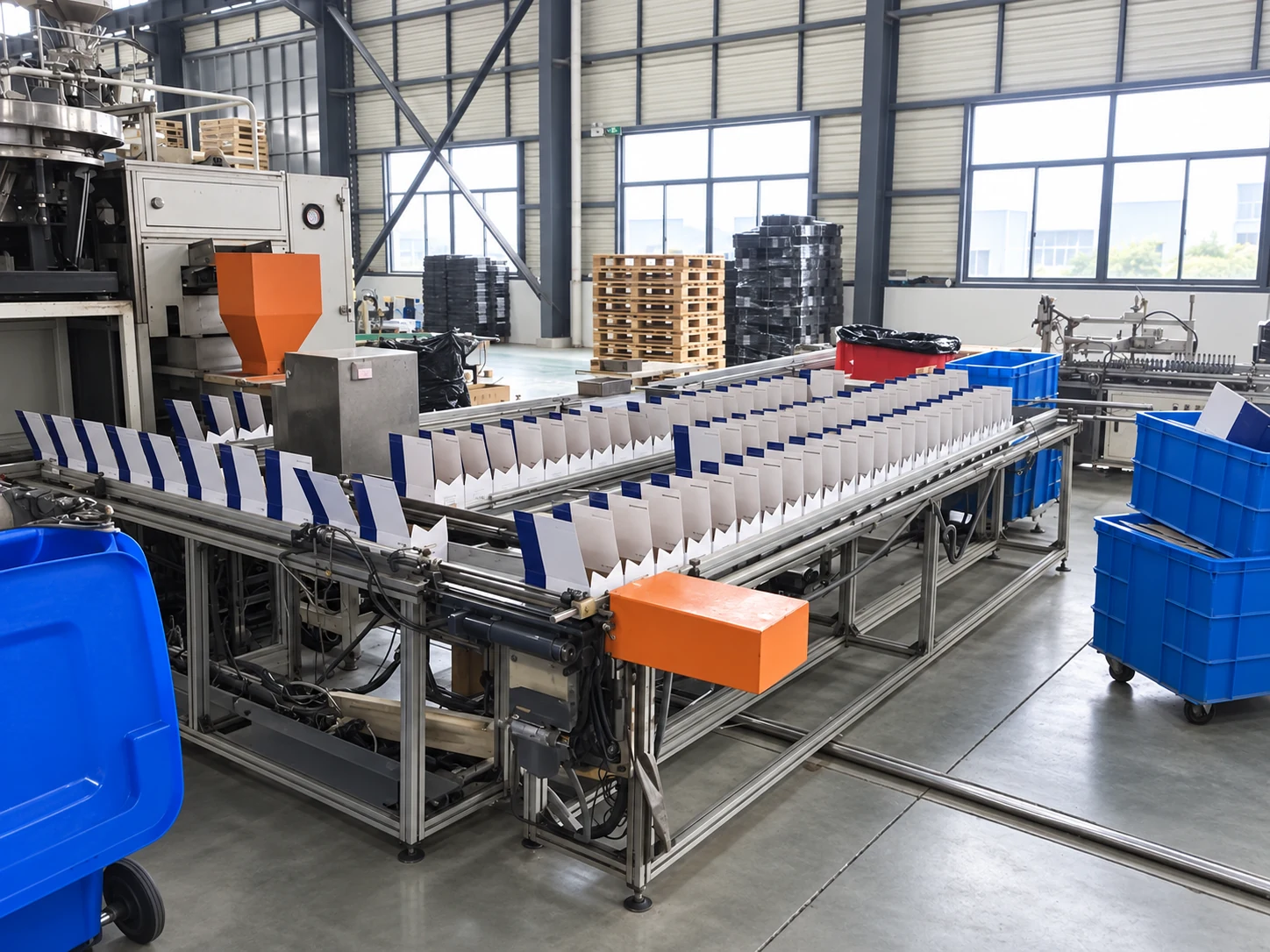 A packaging line handling small cartons inside a fastener production facility.