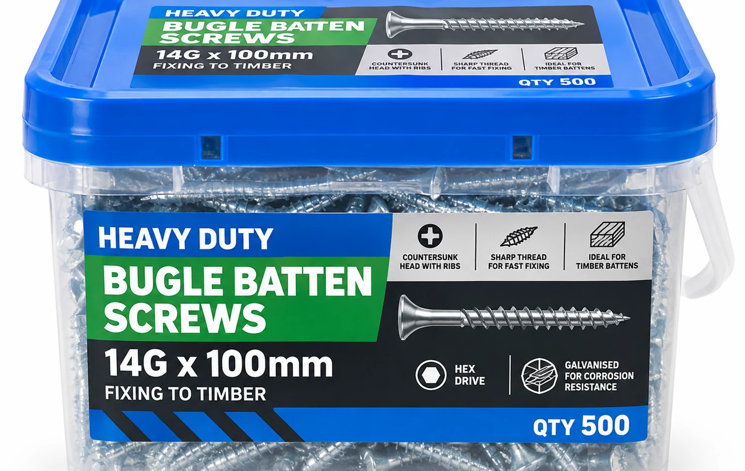 A clear square plastic tub with a coloured lid used for retail-packed batten screws.