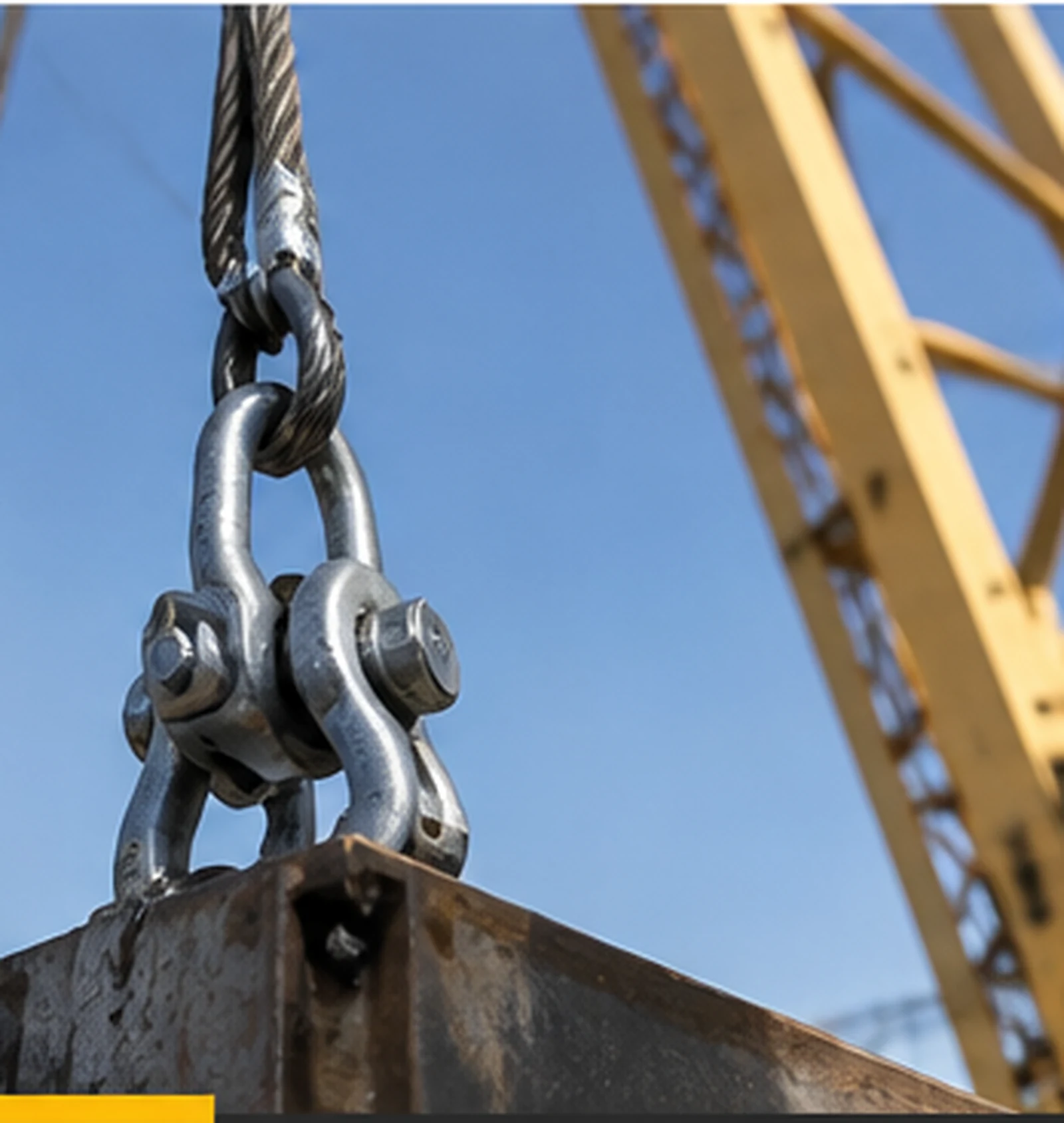 Rigging hardware connecting a lifting cable to a steel load at a worksite.