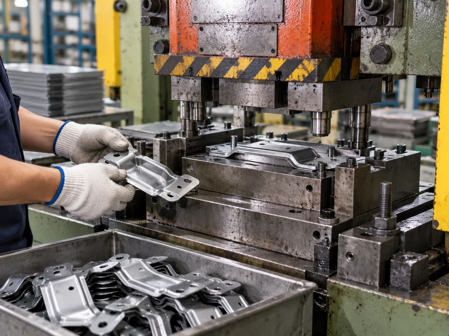 Stamped metal components being handled beside a production press.