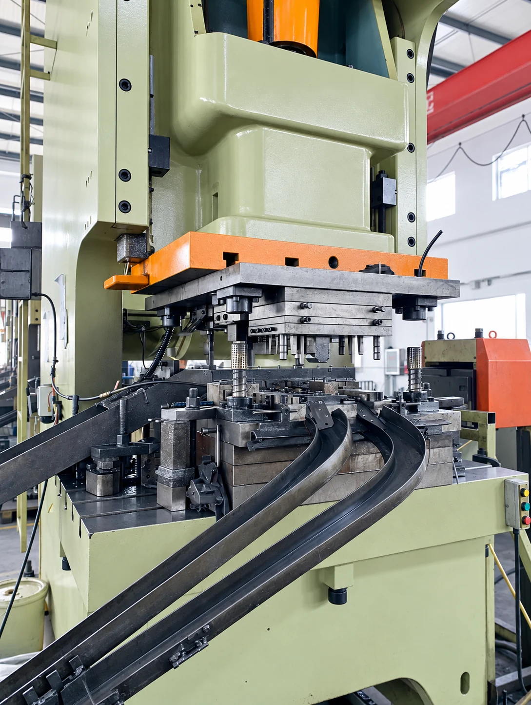 A stamping press and die producing formed sheet-metal components in a workshop.