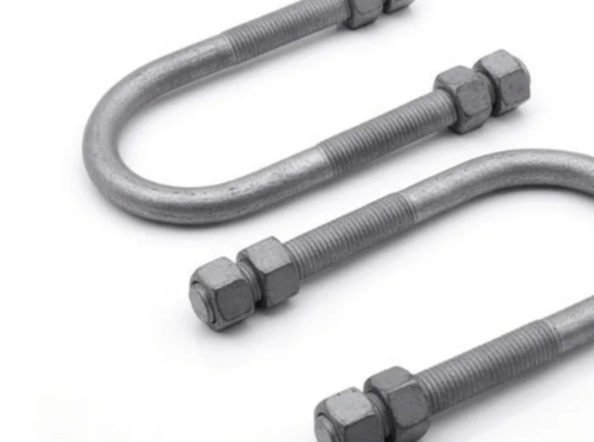 Two U-bolts with nuts shown on a white background.