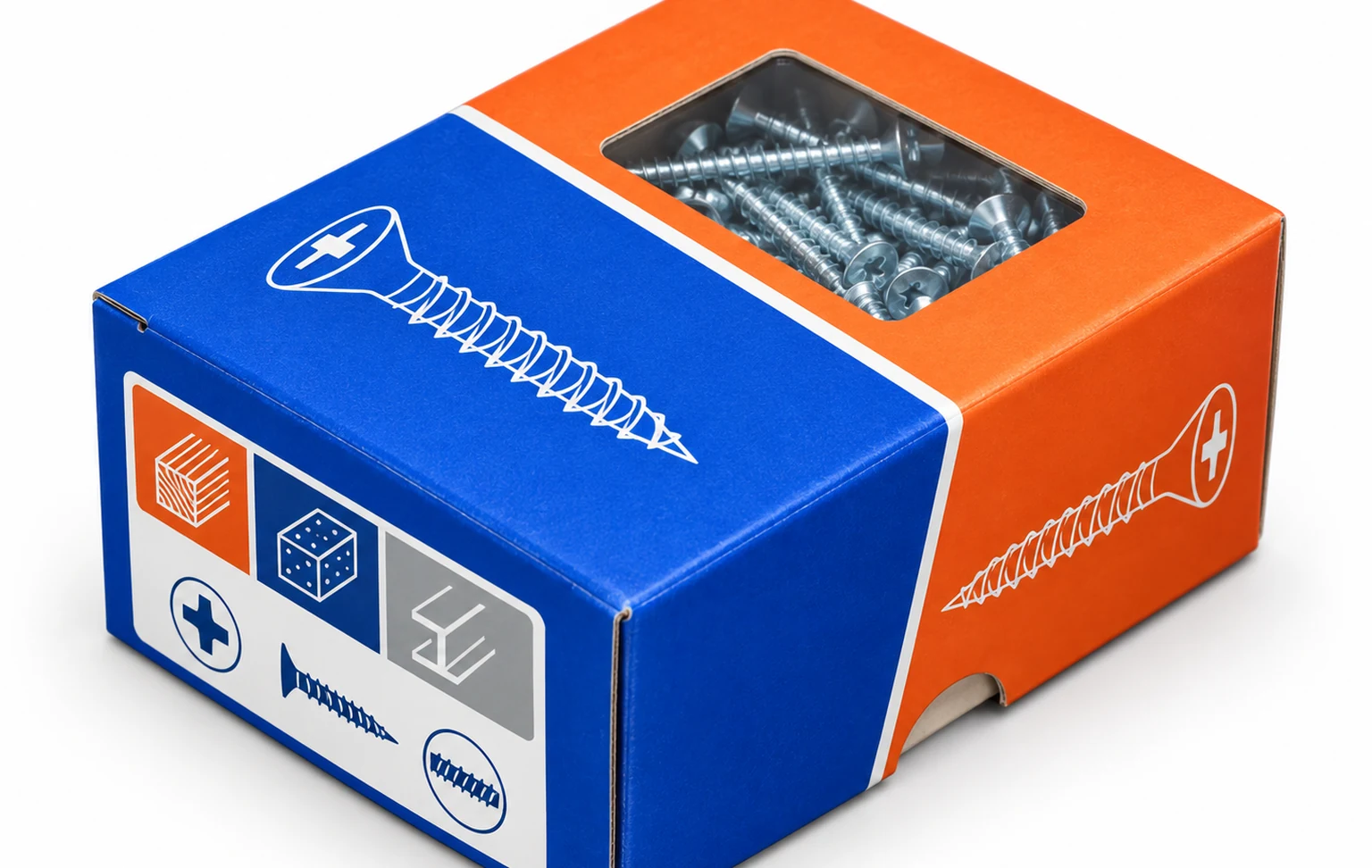 A colour carton with a viewing window used for small packs of screws and fixings.